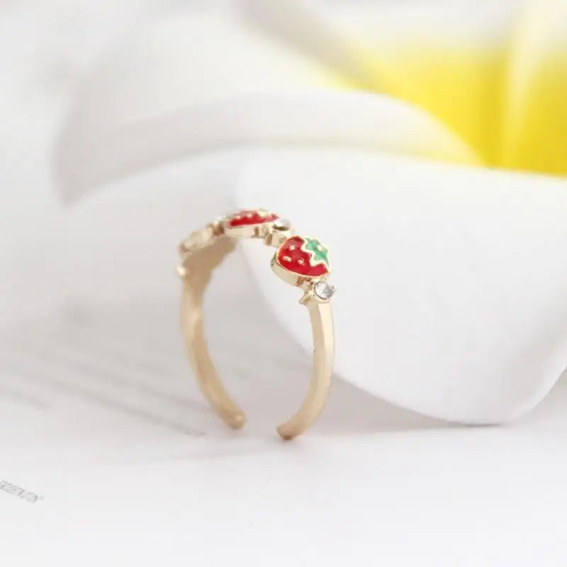 Gold Plated Strawberry and Rhinestone Adjustable Ring - ring