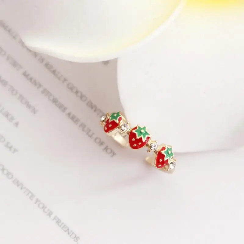 Gold Plated Strawberry and Rhinestone Adjustable Ring - ring