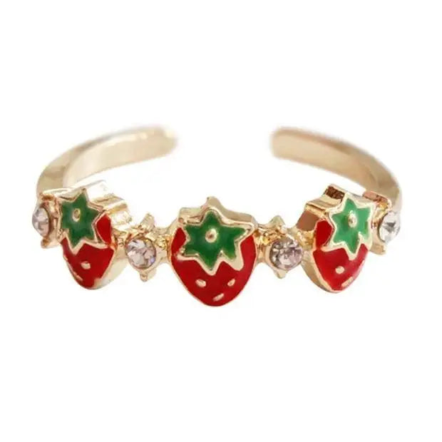 Gold Plated Strawberry and Rhinestone Adjustable Ring - ring