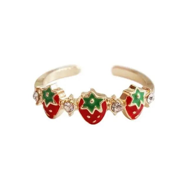 Gold Plated Strawberry and Rhinestone Adjustable Ring - Cosparty
