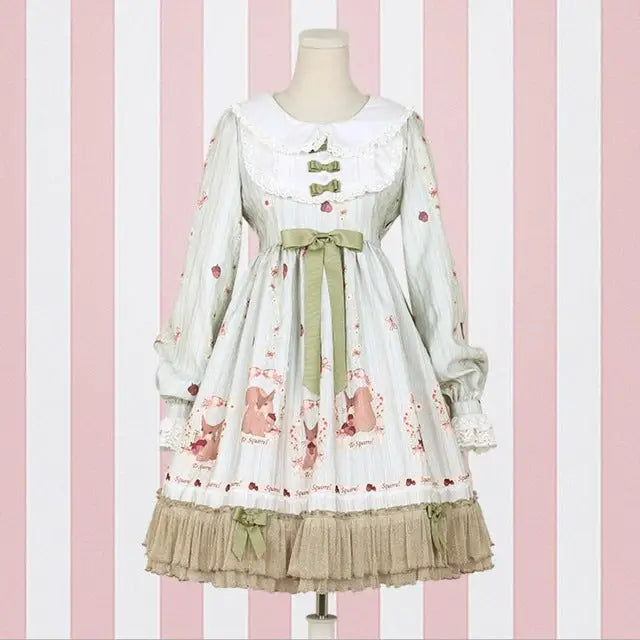 Gorgeous Lolita Dress with Squirrel Cameo in Various Colors and Sleeves - green long sleeve / S - Dress