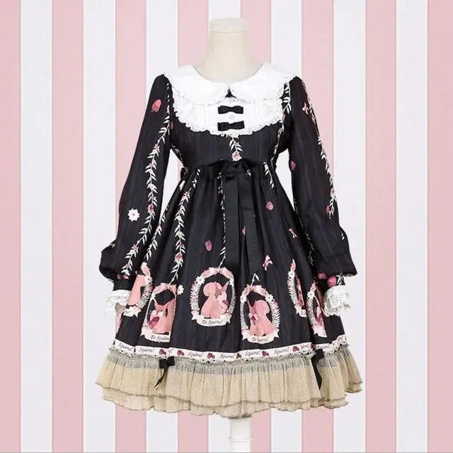 Gorgeous Lolita Dress with Squirrel Cameo in Various Colors and Sleeves - black long sleeve / S - Dress