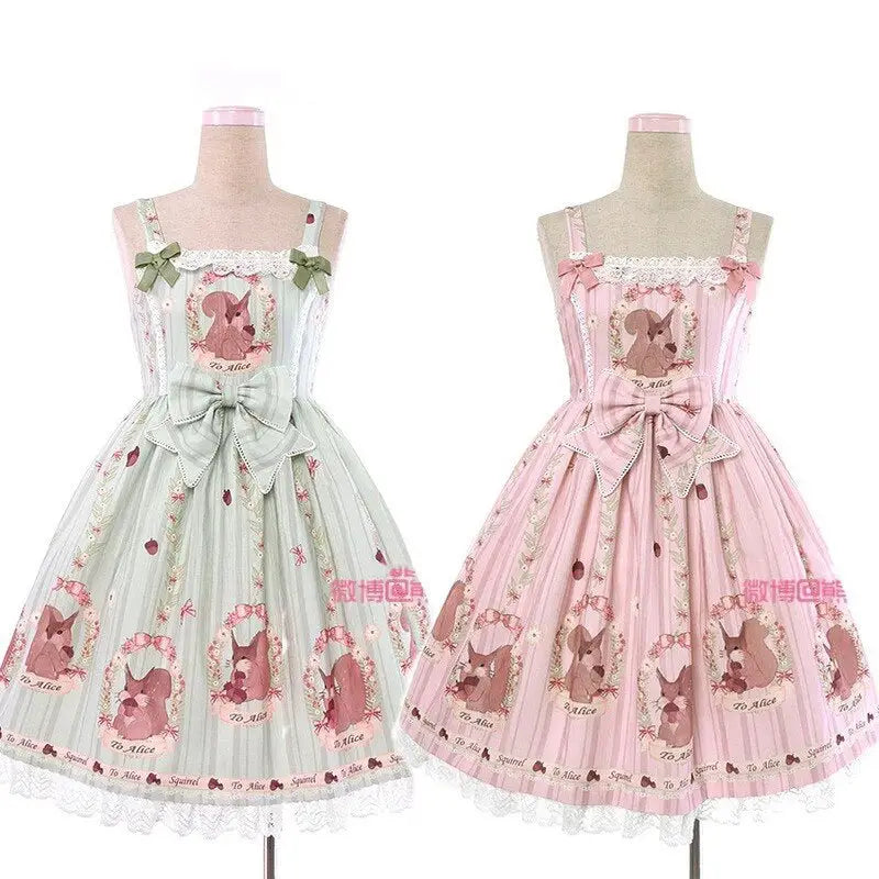 Gorgeous Lolita Dress with Squirrel Cameo in Various Colors and Sleeves - pink sleeveless / S - Dress