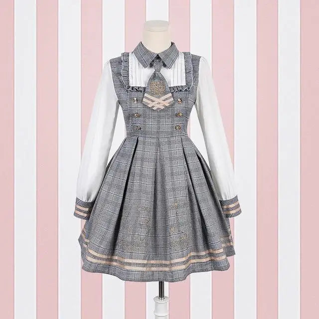 Grey Student Lolita Dress Costume Cosplay Mori Girl Kawaii Japan Fashion Tartan Plaid