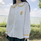 Gorgeous White Peter-Pan Style Sunflower Button-Up Blouse - shirt