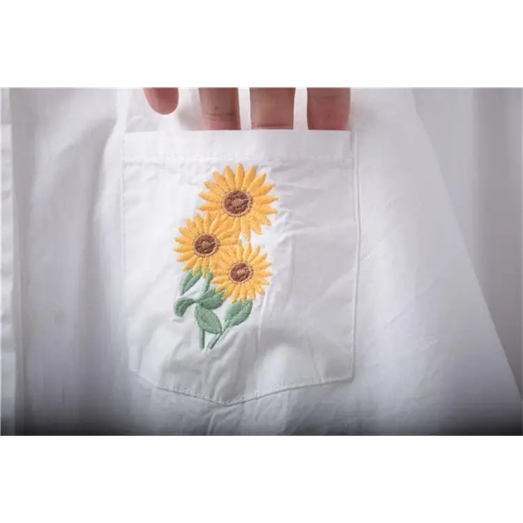 Gorgeous White Peter-Pan Style Sunflower Button-Up Blouse - shirt