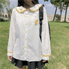 Gorgeous White Peter-Pan Style Sunflower Button-Up Blouse - shirt