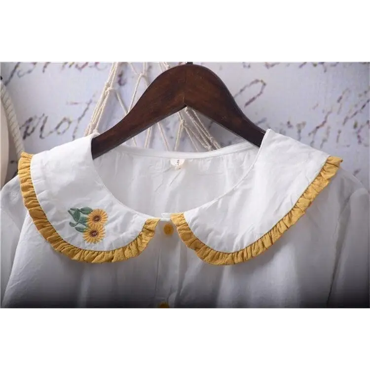 Gorgeous White Peter-Pan Style Sunflower Button-Up Blouse - shirt