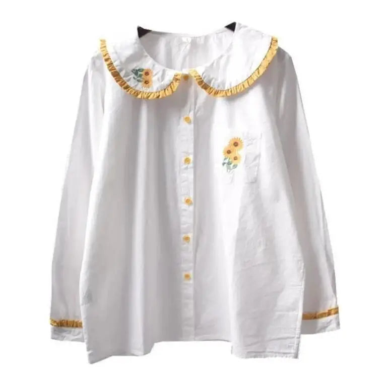 Gorgeous White Peter-Pan Style Sunflower Button-Up Blouse - shirt