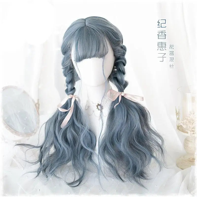 Gothic Blue Long Wavy Lolita Wig with Sweet Fringe and Ombre Color - wig