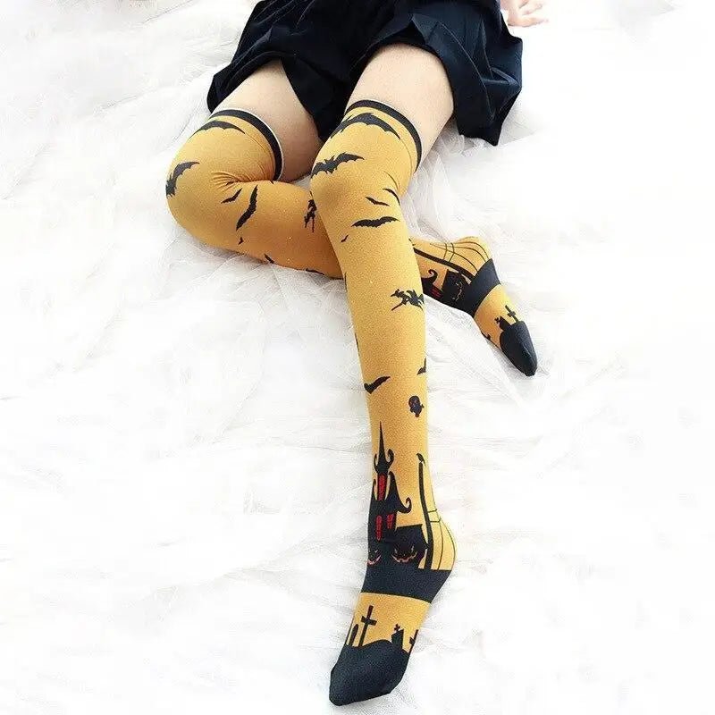 Gothic Halloween Stockings with Spooky Black and Orange Print - Cosparty