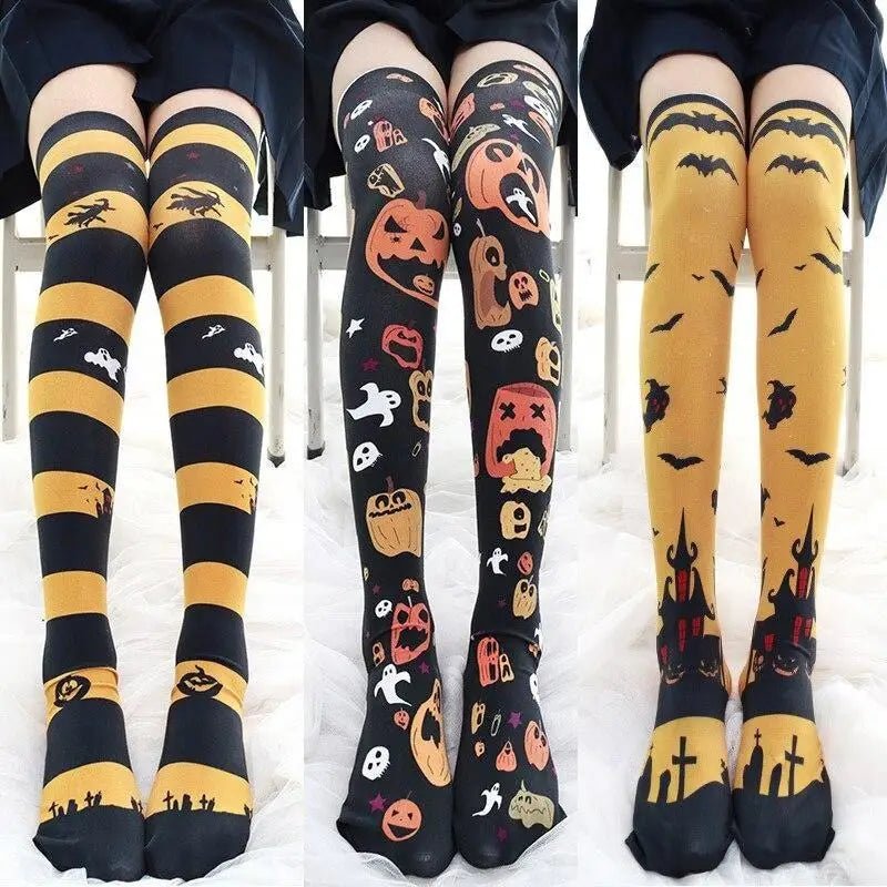 Gothic Halloween Stockings with Spooky Black and Orange Print - Cosparty