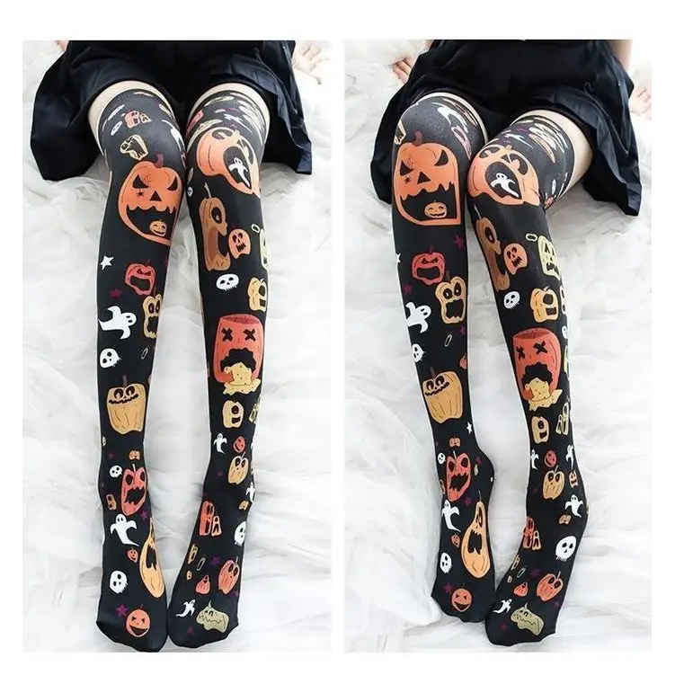 Halloween Lolita Stockings - Sickly Pumpkin - bat, bats, ghost, ghosts, goth