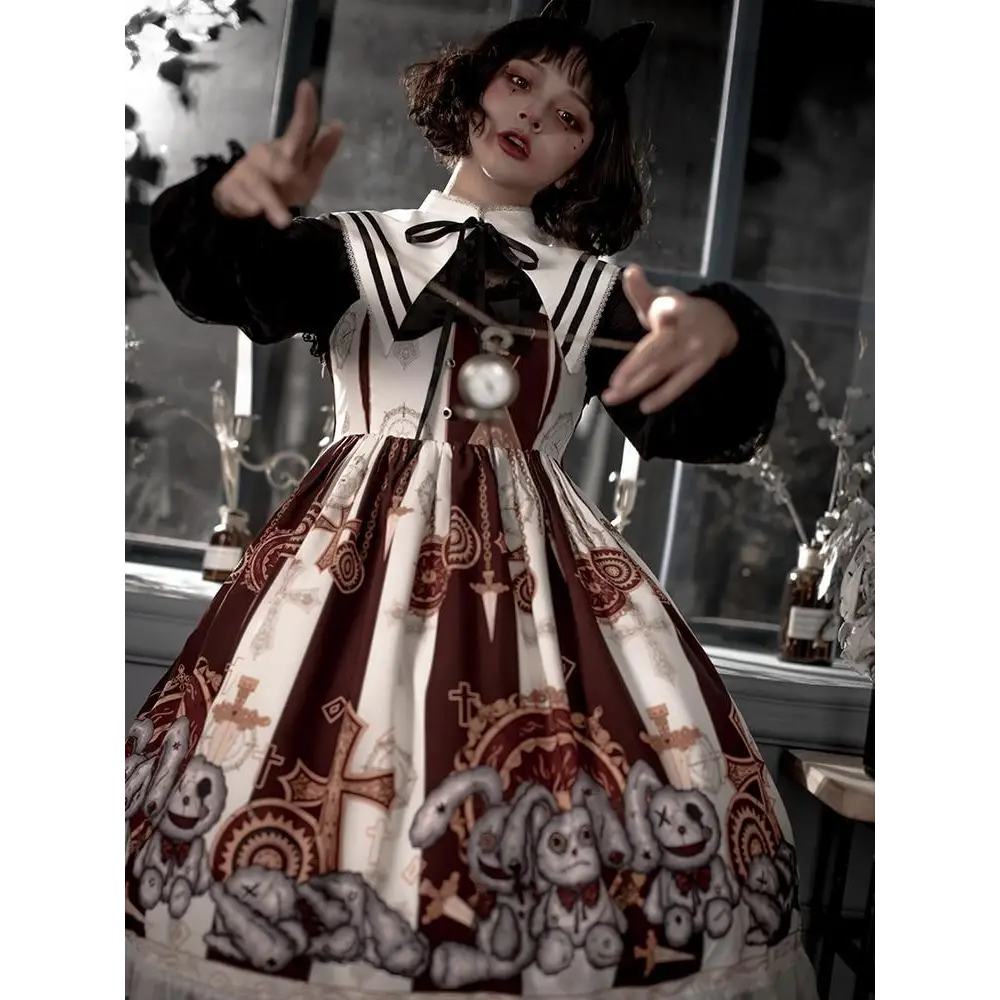 Steampunk Macabre Lolita Dress - White / M - brown dress, dresses, goth girl