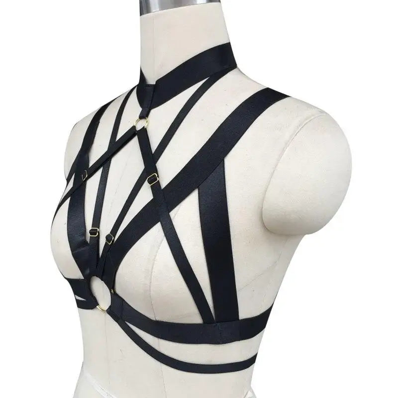 Gothic Inspired O-Ring Chest Harness with Spandex Straps - harness