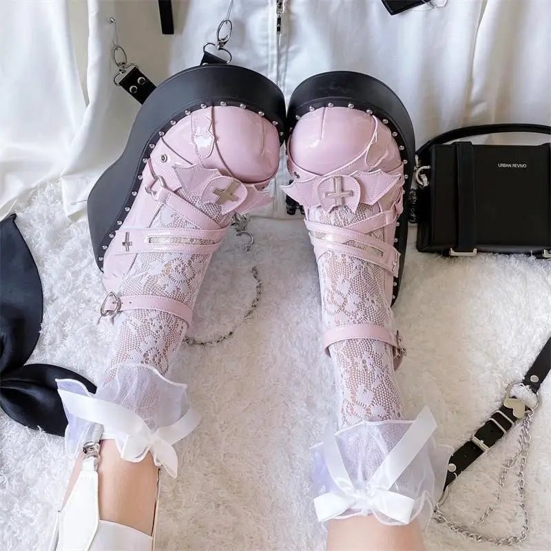 Gothic Lolita Bat Wing Platform Wedge Shoes with Strappy Buckles - Cosparty