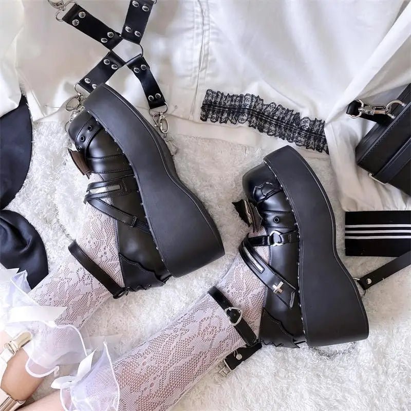 Gothic Lolita Bat Wing Platform Wedge Shoes with Strappy Buckles - Cosparty