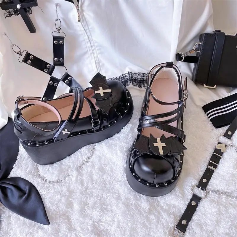 Gothic Lolita Bat Wing Platform Wedge Shoes with Strappy Buckles - Cosparty