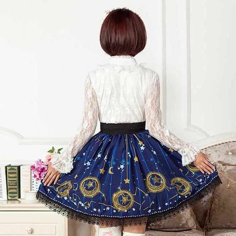 Gothic Lolita Steampunk Skirt with Ruffles and Constellation Print - coveralls