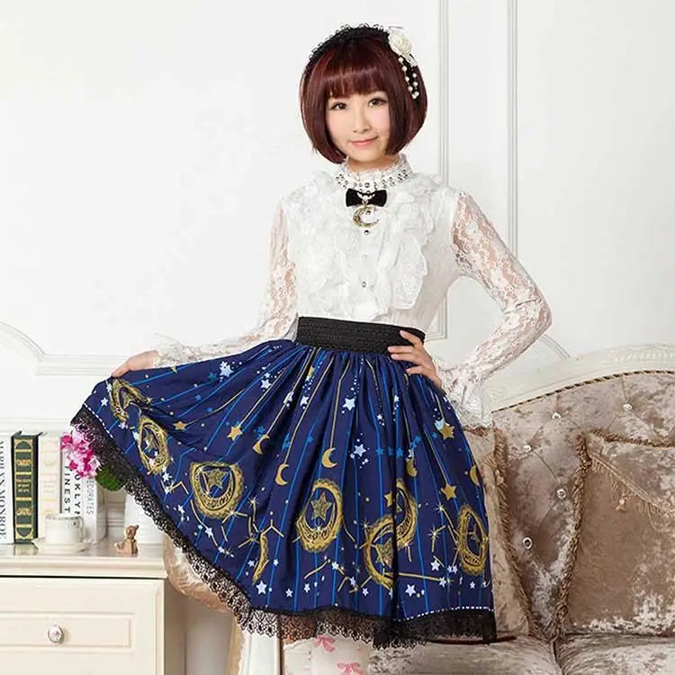 Gothic Lolita Steampunk Skirt with Ruffles and Constellation Print - coveralls