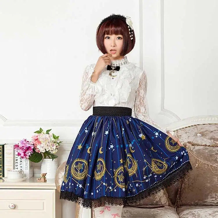 Gothic Lolita Steampunk Skirt with Ruffles and Constellation Print - coveralls