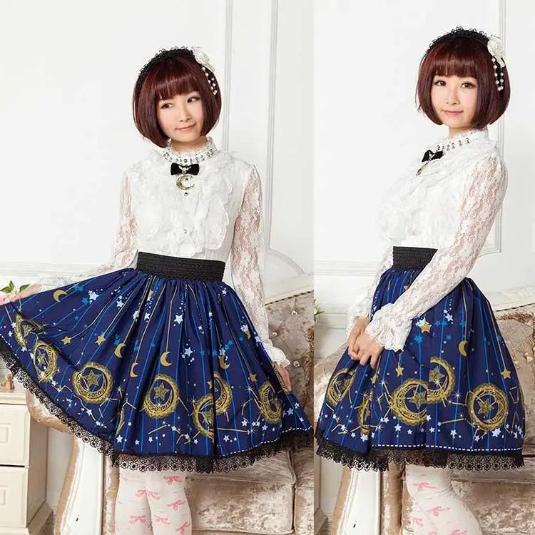 Gothic Lolita Steampunk Skirt with Ruffles and Constellation Print - Cosparty