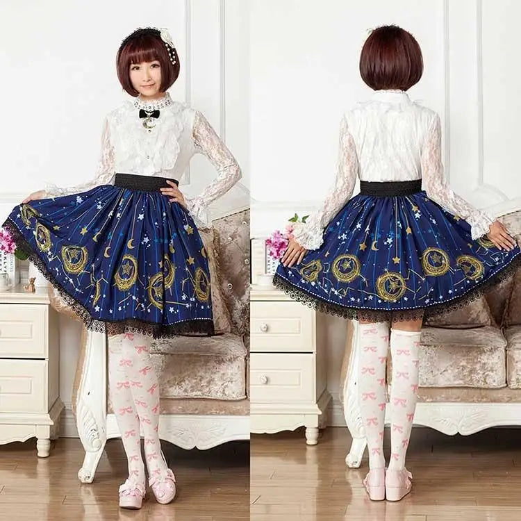 Gothic Lolita Steampunk Skirt with Ruffles and Constellation Print - S - coveralls