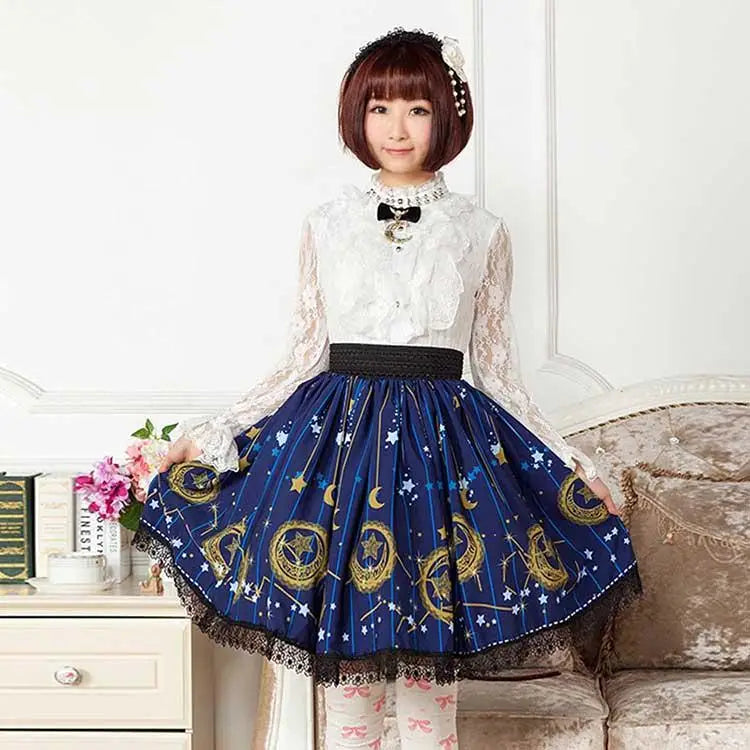 Gothic Lolita Steampunk Skirt with Ruffles and Constellation Print - coveralls