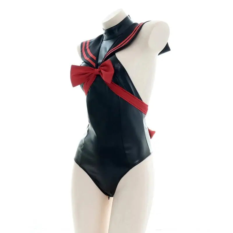 Gothic Sailor Scout Onesie in Black and Red Vegan Leather - Jumpsuits & Rompers