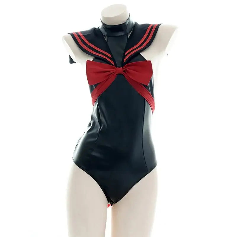 Gothic Sailor Scout Onesie in Black and Red Vegan Leather - Jumpsuits & Rompers