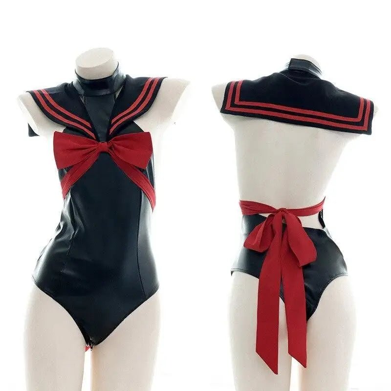 Gothic Sailor Scout Onesie in Black and Red Vegan Leather - Cosparty