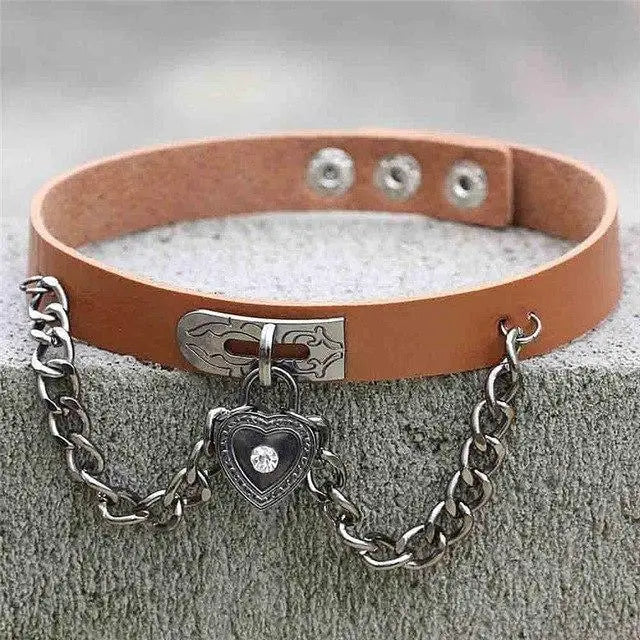 Brown Victorian Goth Locket Collar Choker Necklace Vegan Leather Adjustable Lock & Key