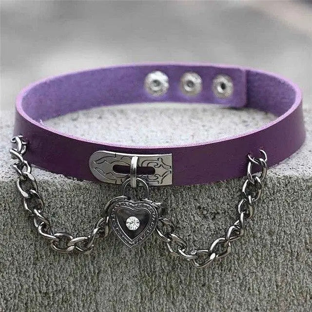 Gothic Victorian Vegan Leather Choker with Heart Locket and Chains - Cosparty