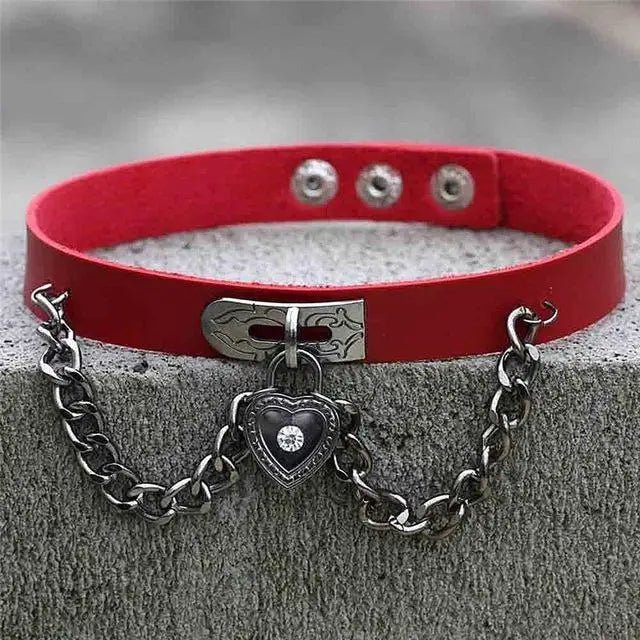 Gothic Victorian Vegan Leather Choker with Heart Locket and Chains - Cosparty