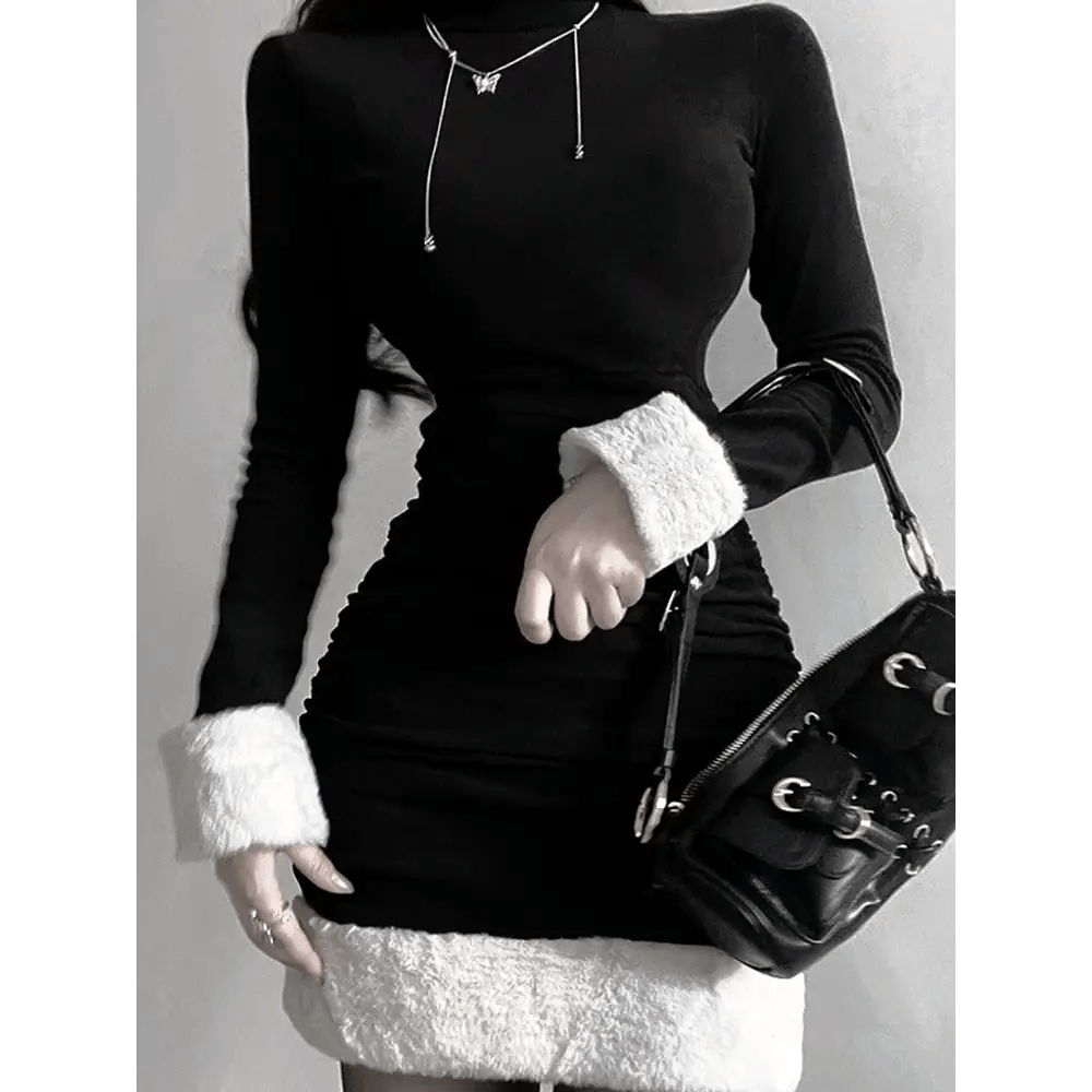 Gothic Winter Dress with White Fur Cuffs and Hemline - Cosparty