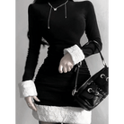 Gothic Winter Dress with White Fur Cuffs and Hemline - Cosparty