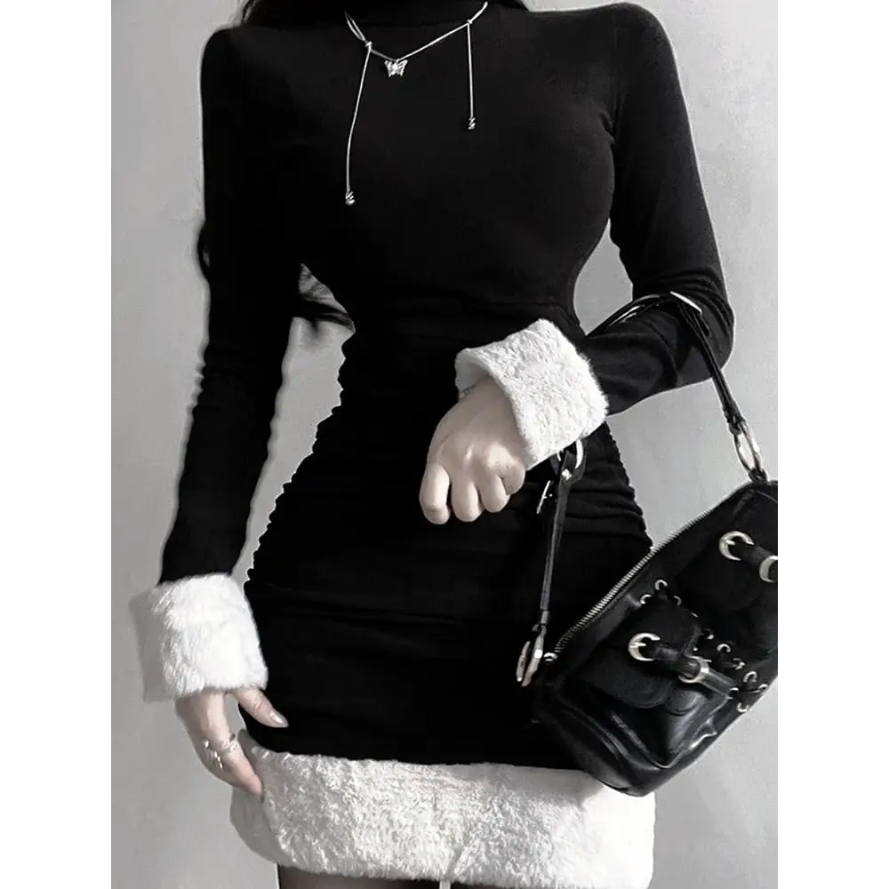 Gothic Winter Dress with White Fur Cuffs and Hemline - dress