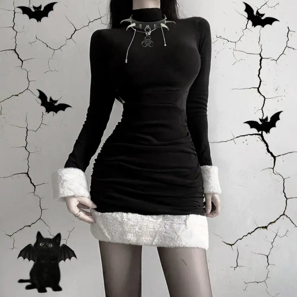 Gothic Winter Dress with White Fur Cuffs and Hemline - dress