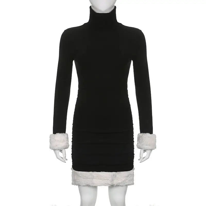 Gothic Winter Dress with White Fur Cuffs and Hemline - dress