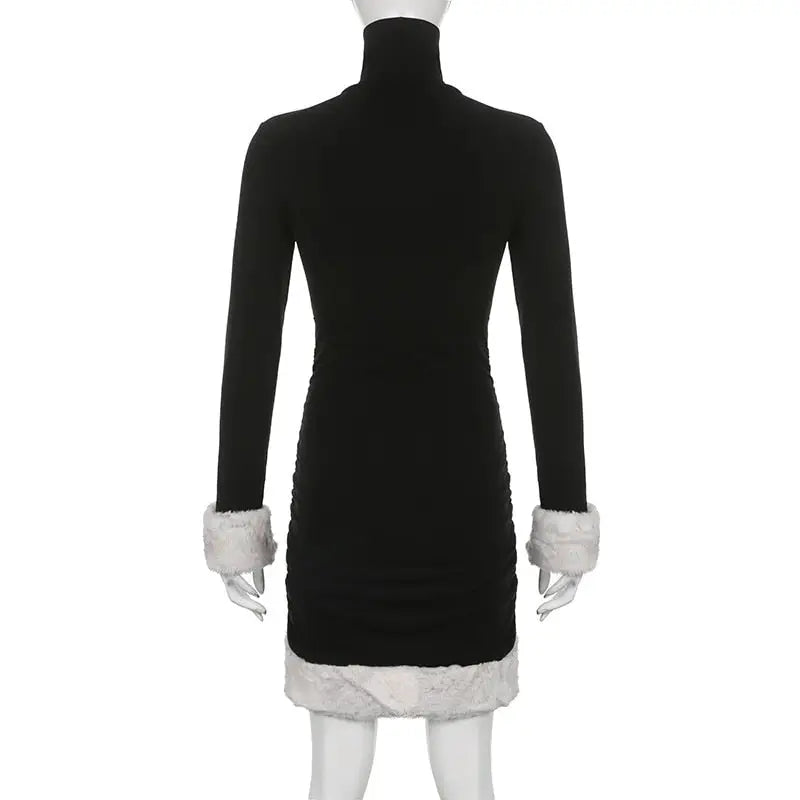 Gothic Winter Dress with White Fur Cuffs and Hemline - dress