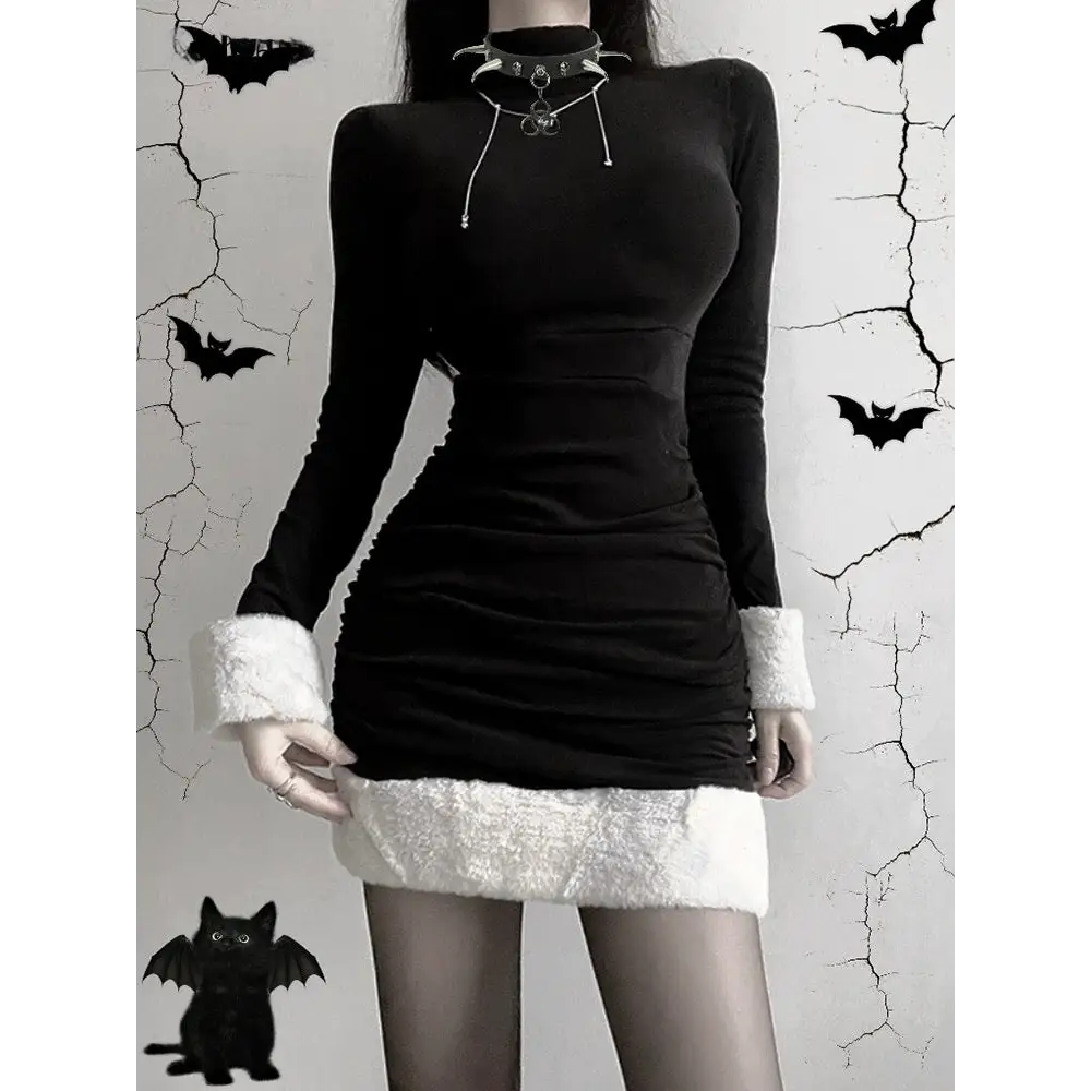 Gothic Winter Dress with White Fur Cuffs and Hemline - S - dress