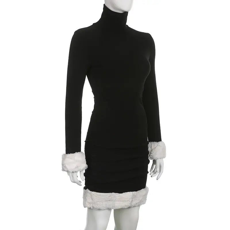 Gothic Winter Dress with White Fur Cuffs and Hemline - Cosparty