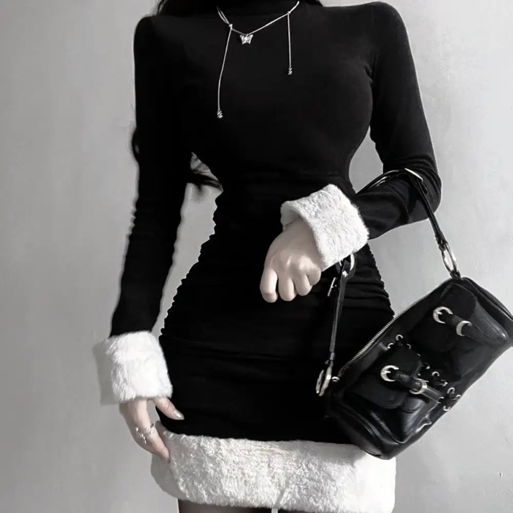 Gothic Winter Dress with White Fur Cuffs and Hemline - Cosparty