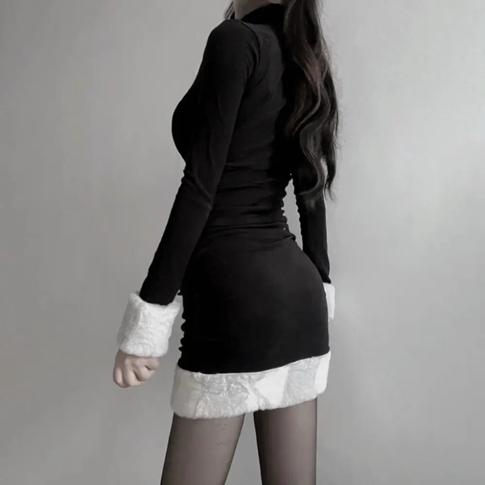 Gothic Winter Dress with White Fur Cuffs and Hemline - dress