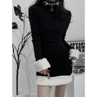 Gothic Winter Dress with White Fur Cuffs and Hemline - dress