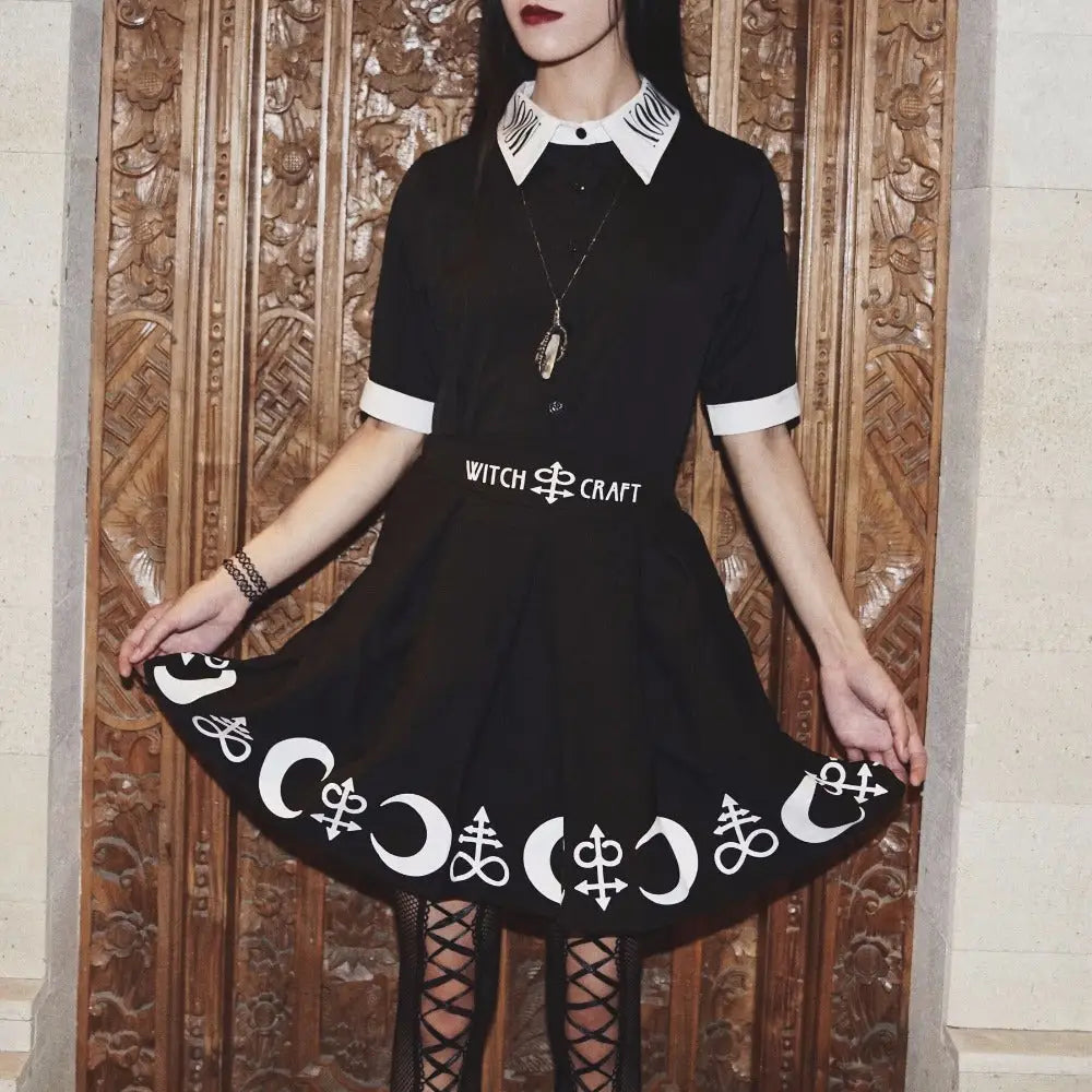 Gothic Witch Craft Pleated Skirt with Pentagram and Moon Design - Skirts