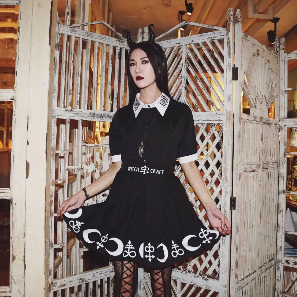 Gothic Witch Craft Pleated Skirt with Pentagram and Moon Design - Cosparty