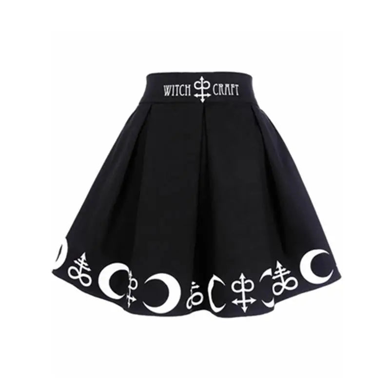 Gothic Witch Craft Pleated Skirt with Pentagram and Moon Design - Skirts