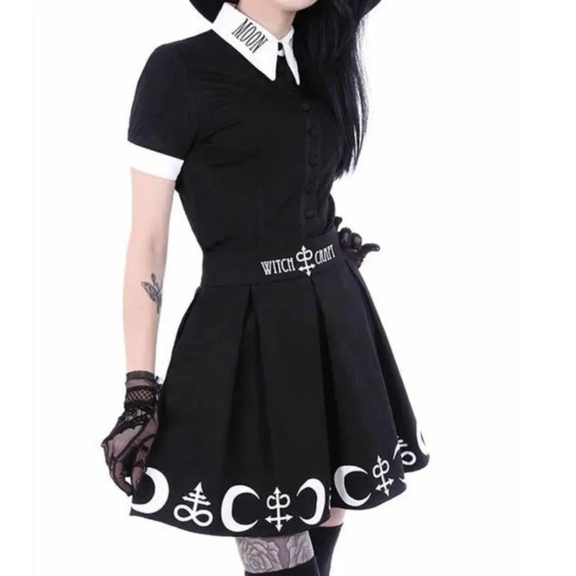 Gothic Witch Craft Pleated Skirt with Pentagram and Moon Design - Skirts