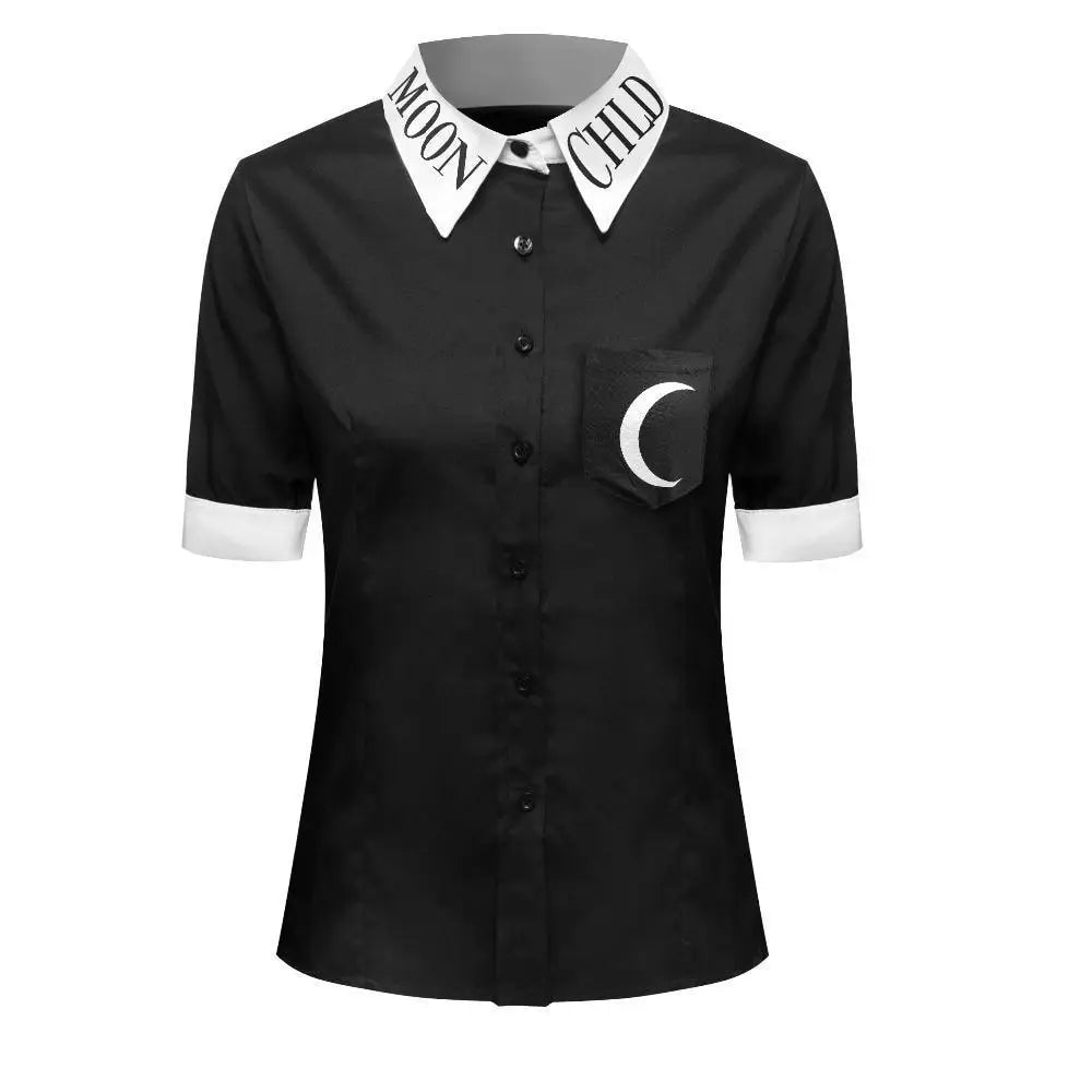 Gothic Witch Craft Pleated Skirt with Pentagram and Moon Design - S / Moon Child Blouse - Skirts